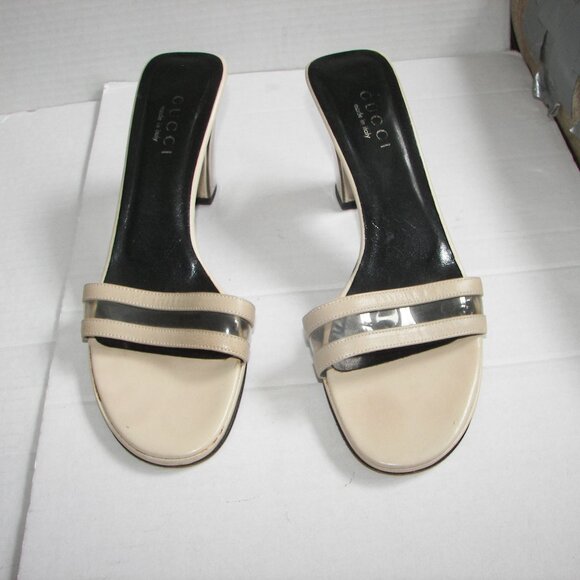 Gucci Shoes - Gucci cream color peep toe leather mule heel US8.5B/EU39 lucite 3" heel